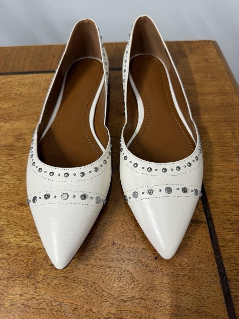 Coach White Studded Pointed-Toe Flats 8.5